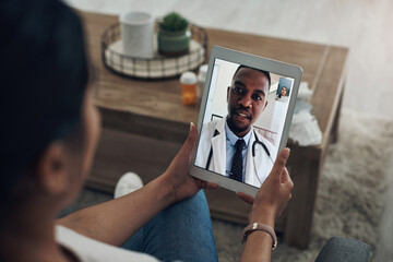 Poster - Tablet, remote consulting with a doctor and a patient in the home for healthcare, medical or insurance. Video call, telehealth and contact with a person talking to a medicine professional online