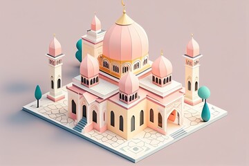 Isometric of the mosque in the city. Generative AI.