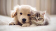 Leinwandbild Motiv Adorable puppy and kitten lying together in a loving embrace, generative ai