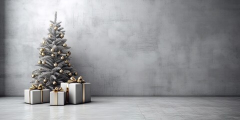 Wall Mural - Xmas and advent. Christmas tree with presents. Copy space over grey concrete wall for advertisement. Grey, green and gold minimalistic modern xmas setting. Generative AI.