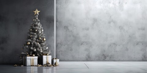 Sticker - Xmas and advent. Christmas tree with presents. Copy space over grey concrete wall for advertisement. Grey, green and gold minimalistic modern xmas setting. Generative AI.