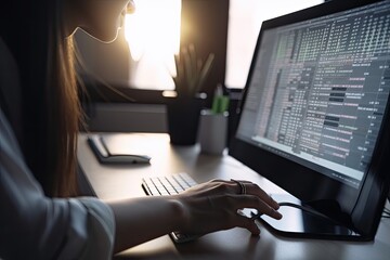 Sticker - Female programmer working on computer in office, closeup of hands. A woman rear view closeup in her office desk using computer, AI Generated