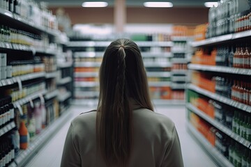 Wall Mural - Back view of young woman looking at shelves with bottles of wine in supermarket, A rear view of a woman purchasing products in a store, holding shopping bags, AI Generated