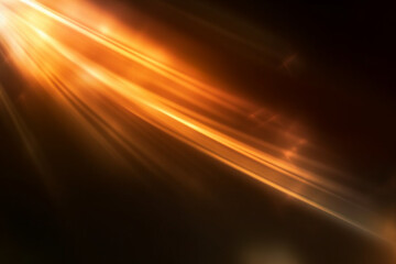 Blur light overlay, Lens flare rays, Defocused glare, Old film flash leak, BokehGolden orange color beam design glow on dark black abstract background