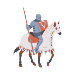 Wall Mural - Vector illustration of medieval knight wearing armor, spear and shield in hand riding horse, isolated on white background