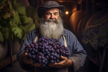 Farmer Proudly Holding A Giant Bunch Of Purple Grapes At Winery, Made With Generative Ai