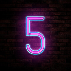 Poster - Glowing neon number 5 sign on brick wall