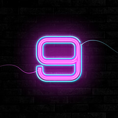 Poster - Glowing neon number 9 sign on brick wall