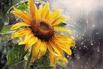 sunflower in the rain, capturing the glistening droplets on the petals and leaves. transparency and create soft, blurred edges to evoke a sense of movement and the refreshing nature of rain