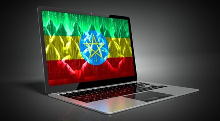 Ethiopia - country flag and hackers on laptop screen - cyber attack concept