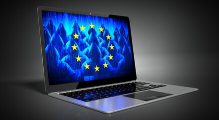 European Union - country flag and hackers on laptop screen - cyber attack concept