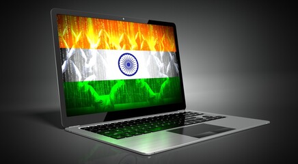 India - country flag and hackers on laptop screen - cyber attack concept