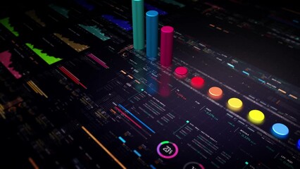 Fototapete - Business stock market, trading, info graphic with animated graphs, charts and data numbers insight analysis to be shown on monitor display screen for business meeting mock up theme