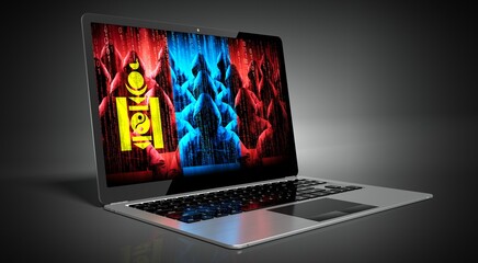 Mongolia - country flag and hackers on laptop screen - cyber attack concept