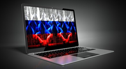 Russia - country flag and hackers on laptop screen - cyber attack concept