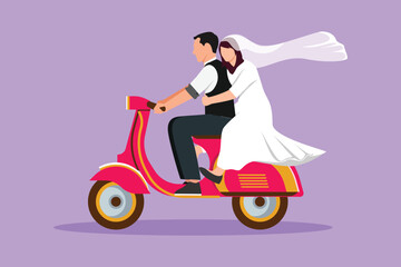 Wall Mural - Graphic flat design drawing happy married couple riding motorcycle. Man driving scooter and woman are passenger while hugging wearing wedding dress. Driving safely. Cartoon style vector illustration