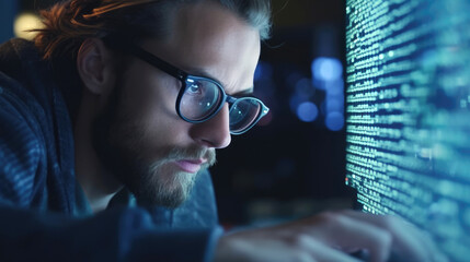 Focused developer coder wears glasses working on computer. Generative AI