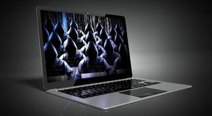 Anonymous hooded hackers on laptop screen - cyber attack concept