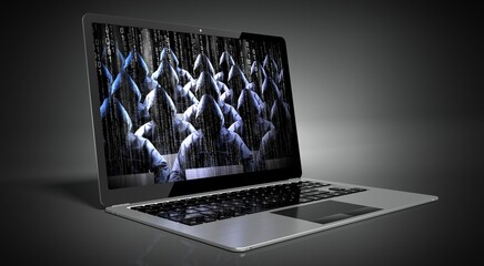 Anonymous hooded hackers on laptop screen - cyber attack concept
