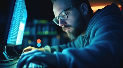 Focused developer coder wears glasses working on computer. Generative AI