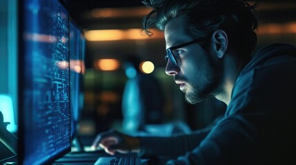 Focused developer coder wears glasses working on computer. Generative AI