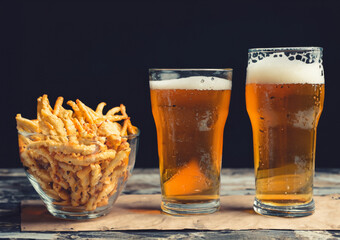 Wall Mural - Beer mug with snacks on the Wooden table made with generative ai