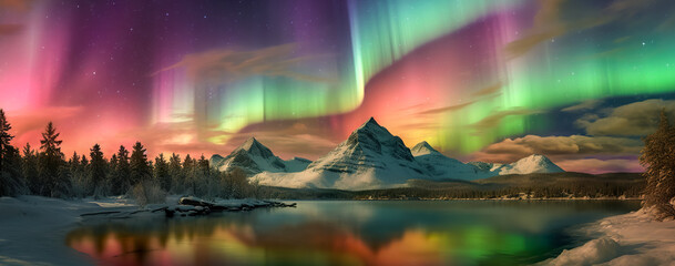 Wall Mural - Aurora borealis on the Norway. Green northern lights above mountains. Night sky with polar lights. Night winter landscape with aurora and reflection on the water surface. Panorama view. Generative AI