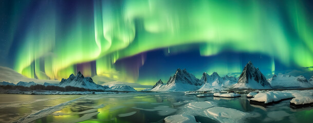 Wall Mural - aurora borealis on the norway. green northern lights above mountains. night sky with polar lights. n