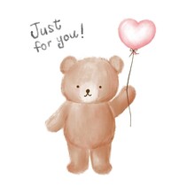 Hand Drawn Cute Teddy Bear With Red Heart Shaped Balloon. Hand Written Just For You Lettering. Concept For Valentine’s Day Celebration. Watercolor Color Soft Pastel Illustration On White 
