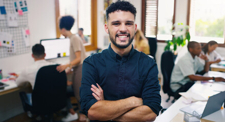 Sticker - Man, happy and portrait of designer with arms crossed in office workplace for business. Face, confidence and graphic design, male person or creative entrepreneur, professional and leadership mindset.