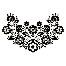 Mexican Vibrant Folk Art Style Vector Pattern With Flowers, Half Wreath Shaped Floral Design Inspired By Traditional Embroidery From Mexico In Black And White
 