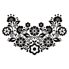 Wall Mural - Mexican vibrant folk art style vector pattern with flowers, half wreath shaped floral design inspired by traditional embroidery from Mexico in black and white
 