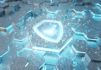 Poster - Shield icon concept engraved on hexagonal pedestral background. Security Logo glowing on abstract digital surface. 3d rendering