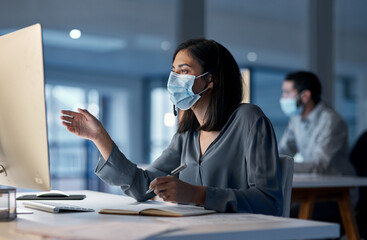 Poster - Call center, woman and mask at computer for customer service, telemarketing notes and CRM consulting at night. Female agent, desktop and virus protection for online support, questions and help desk