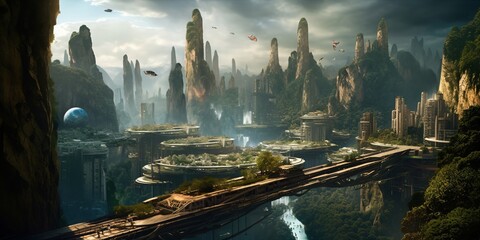 Wall Mural - green eco city concept in the mountains, futuristic high-tech city with advanced infrastructure, sci