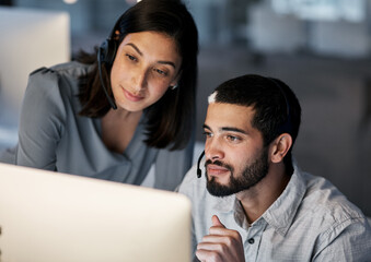 Poster - Call center, team leader and computer for customer service, training of software and CRM in office. Focused man, woman and sales mentor helping intern on desktop, technical support and telemarketing