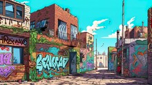 Abstract Background Graffiti On Building. An Illustration Capturing The Raw Energy And Creativity Of Graffiti Art, Displayed In A Banner Design With An Abstract Background. Generative AI.