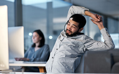 Aufkleber - Call centre, tired and man stretching in office for telemarketing, customer service and sales consultant at night. Lazy, sleepy and frustrated male agent with burnout, fatigue and bored of consulting