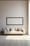 Fototapeta  - Blank horizontal poster frame mock up in scandinavian style living room interior, modern living room interior background, beige sofa and pampas grass, 3d rendering