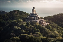 Monastery Religion Statue, Buddhism, Zen Garden, Popular Tourist Attraction Concept. Landscape With Giant Big Buddha Or Shiva Statue On The Top Of Mountain. 