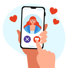 Dating app concept. A human hand holding a smartphone and choosing whether to like or dislike this girl. Flat vector illustration.