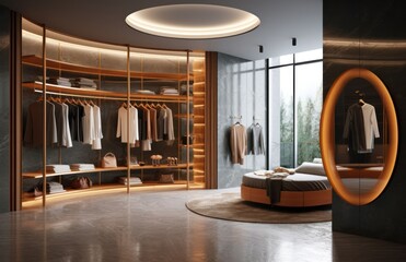 Wardrobe with gold and copper accents, in the rounded style. Generative AI