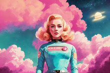 Portrait Of A Beautiful Woman As An Astronaut, Space Theme In The Retro Futurism Style Of The 60s. Generative AI.