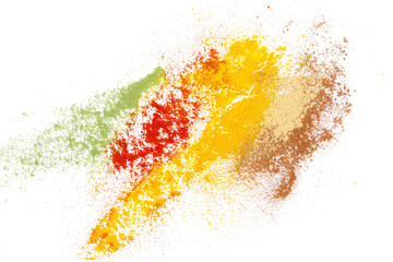 Mix colorful spice, turmeric, cayenne pepper ground, cinnamon pile, ginger and coriander powder isolated on white background, top view, clipping path