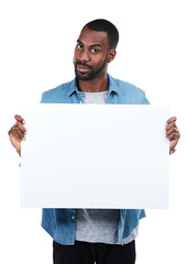 Paper, poster and portrait of black man with mockup for advertising, news or announcement on transparent, isolated and png background. Banner, face and African male holding billboard, sign or vote