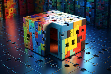 Aufkleber -  A conceptual illustration showcasing a database server as a puzzle piece in a larger technological ecosystem. Generative AI technology.