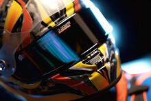  A Close-up Photograph Of A Racing Driver's Helmet, Showcasing The Reflection Of The Race Track And The Determination In Their Eyes. Generative AI Technology.