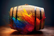 A digitally manipulated image of a wine barrel, incorporating abstract elements and vibrant colors to create a visually striking and unique composition.  Generative AI technology.