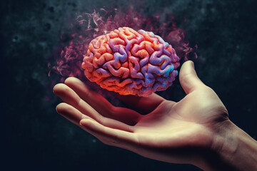 Aufkleber - A photo manipulation artwork combining the image of a hand and a brain, creating a visually striking and thought-provoking composition. Generative AI technology.
