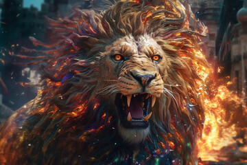 Wall Mural - A digital illustration of a Lion engulfed in flames, symbolizing destruction, chaos, or revolution. Photorealism  Generative AI technology.